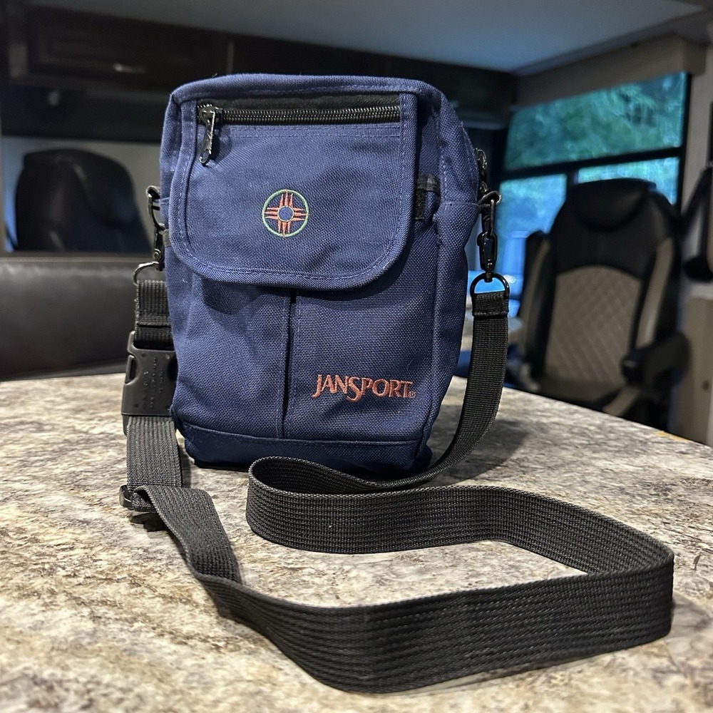 Vintage JanSport Mini Sling Bag Crossbody or Belt Hiking Y2K Dark Blue w/ Logo